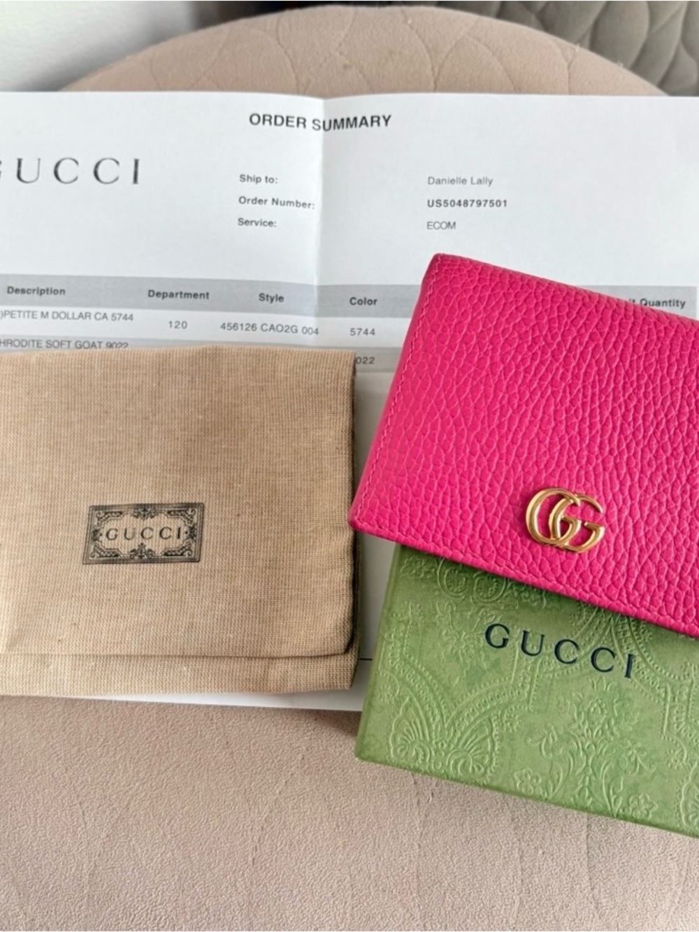 Gucci Marmont Two-Toned Fuschia and Pink Pebbled Leather Wallet with Gold GG